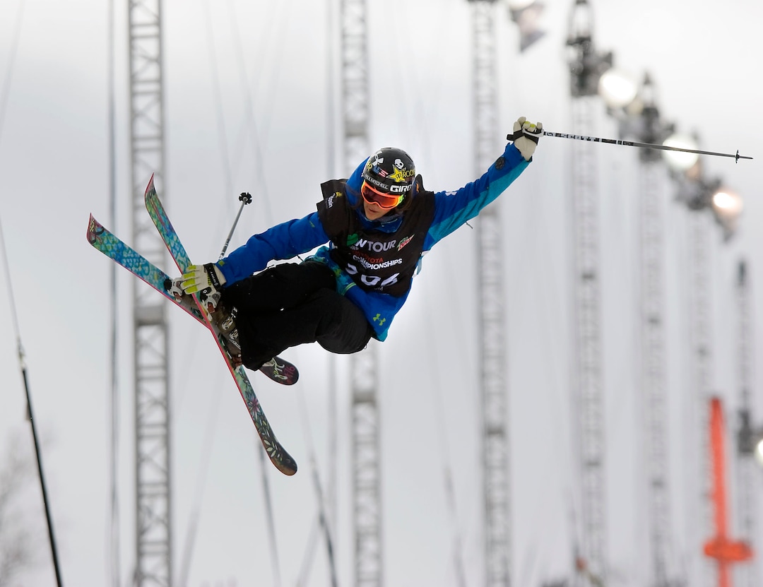 Al Hartmann   |  The Salt Lake Tribune Jen Hudak hangs in the  air coming off the half pipe during a practice run for the SKI Superpipe Women event Wednesday February 9th at Snow Basin.  Snow Basin will host the Winter Dew Tour Thursday February 10th through Sunday February 13th. 