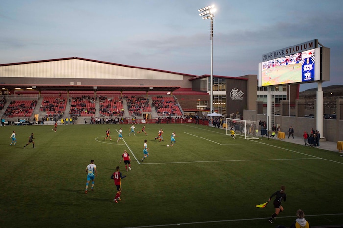 (Rick Egan  |  The Salt Lake Tribune)      The Real Monarchs play the Las Vegas Lights FC at the new Zions Bank Stadium in, Herriman, Monday, April 30, 2018.


