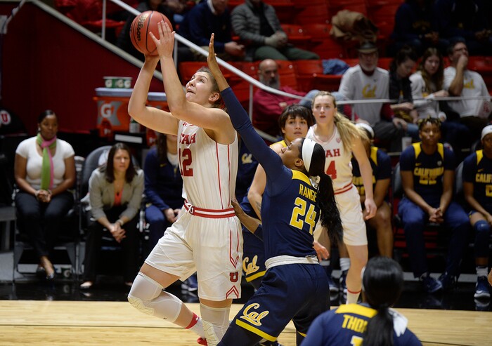 Scott Sommerdorf   |  The Salt Lake Tribune  
Utah Utes forward Emily Potter (12) goes up for a first half shot. Utah beat Cal 63-57, Sunday, January 15, 2017. 
