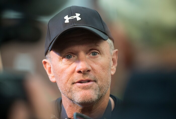 (Rick Egan  |  The Salt Lake Tribune)    Utah head coach Kyle Whittingham talks to the media on the first day of Spring practice, Monday, March 5, 2018.


