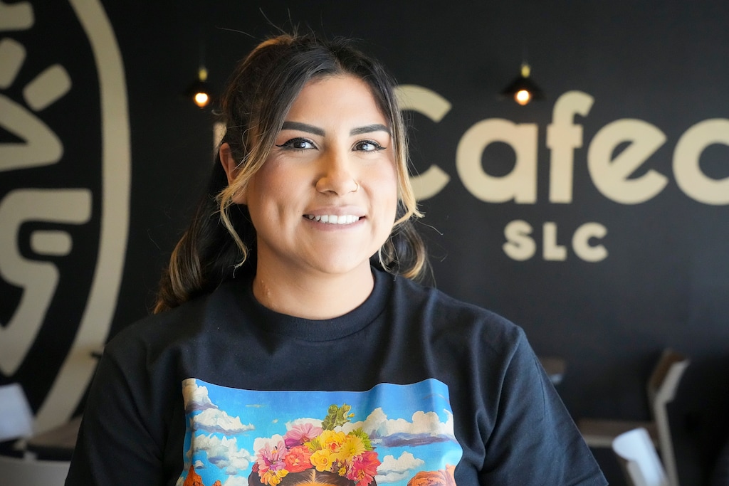 (Bethany Baker  |  The Salt Lake Tribune) Co-owner Cynthia Lemus in her new Latin-themed coffee shop, Un Cafecito, in Salt Lake City on Wednesday, March 19, 2025.