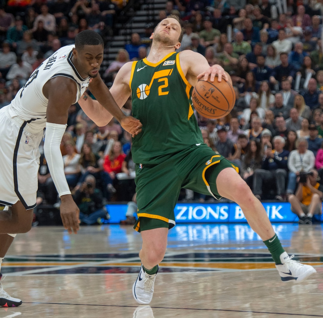 (Rick Egan  |  The Salt Lake Tribune)  Utah Utah Jazz forward Joe Ingles (2) gets called for an offensive foul as he comes in contact with Brooklyn Nets guard Caris LeVert (22), in  NBA action between Utah Jazz and Brooklyn Nets at Vivint Smart Home Arena, Saturday, March 17, 2019.