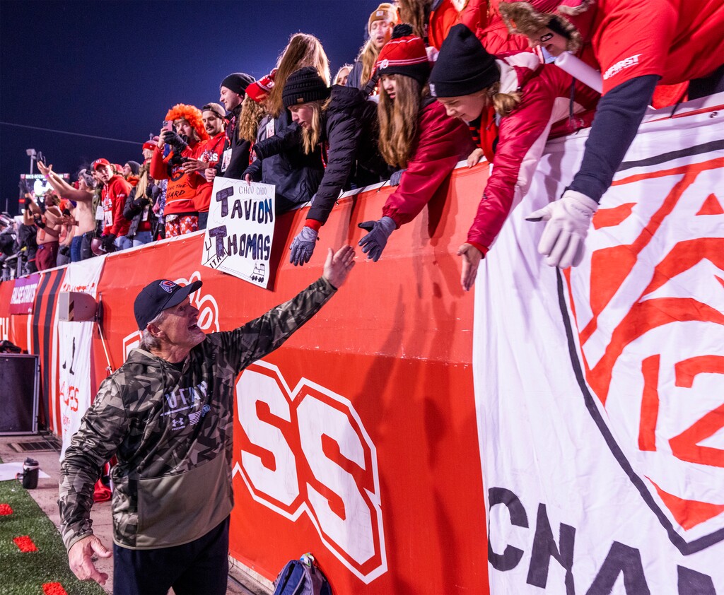 (Rick Egan | The Salt Lake Tribune) Utah Utes head coach Kyle Whittingham shakes hands with the MUSS, after the Ute's defeated the Stanford Cardinal, 42-7, in PAC-12 football action at Rice-Eccles Stadium, on Saturday, Nov. 12, 2022.