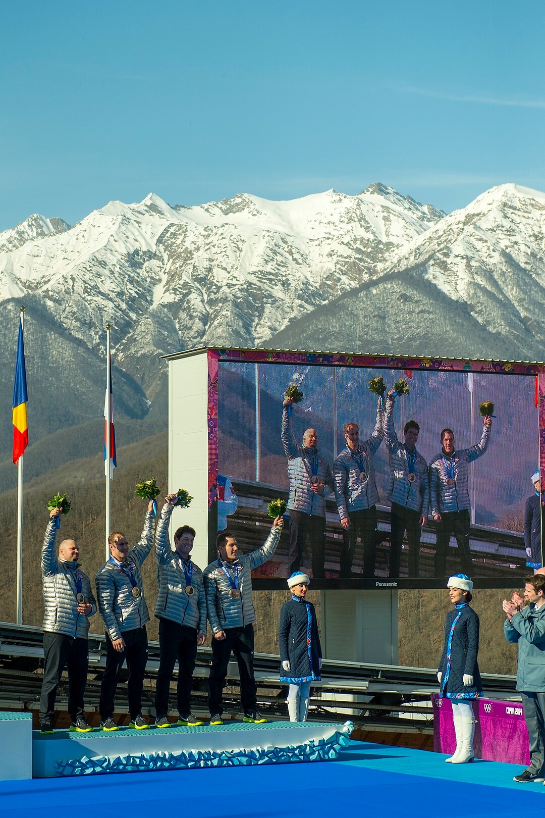 KRASNAYA POLYANA, RUSSIA  - JANUARY 23:USA's Steven Holcomb, Chris Fogt, Curtis Tomasevicz, and Steve Langton, celebrate during the medal ceremony at the finish of the four-man bobsled at Sanki Sliding Center during the 2014 Sochi Olympics Sunday February 23, 2014. They won the bronze medal with a cumulative time of 3:40.99. (Photo by Chris Detrick/The Salt Lake Tribune)