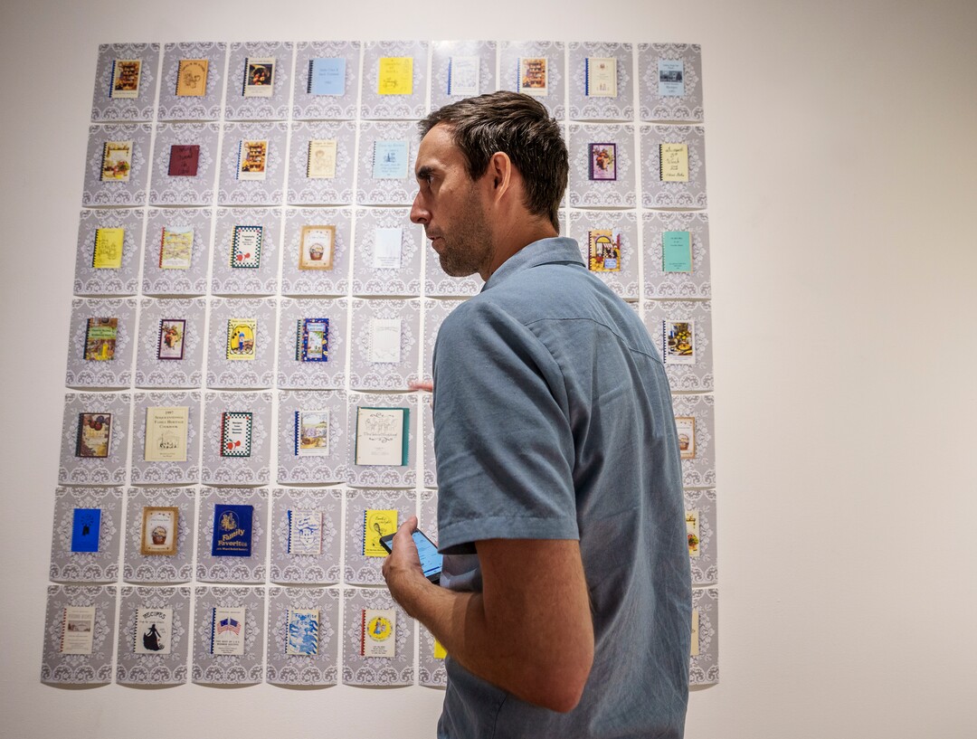 (Leah Hogsten | The Salt Lake Tribune) "Marrow" a photo exhibit by Daniel George  examines the culinary and cultural heritage of members of The Church of Jesus Christ of Latter-day Saints, Sept. 3 2021. George recreated and photographed dishes from Ward Cookbooks, including Funeral Potatoes, Casseroles, Jello creations, turning food into folk art.