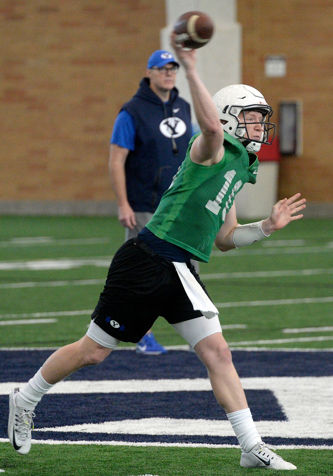 (Al Hartmann  |  The Salt Lake Tribune) 	 BYU opened spring football camp on Monday March 5 in the indoor playing facility.  Quarterback Joe Critchlow takes his turn running the offense. 
