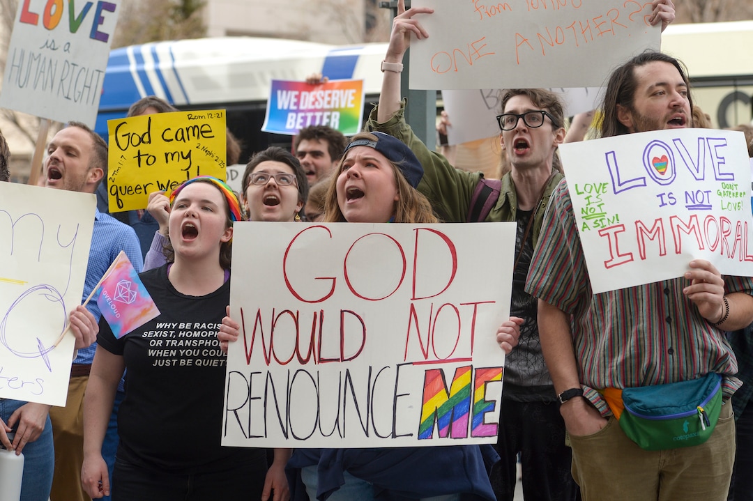 (Leah Hogsten  |  The Salt Lake Tribune)  Brigham Young University LGBTQ students took their concerns about the school’s policy reversal regarding romantic behavior by same-sex couples to The Church of Jesus Christ of Latter-day Saints office building, Mar. 6, 2020. Despite removing the section on “homosexual behavior” from BYU Honor Code last month, The LDS Church has clarified for the first time that same-sex romantic behavior is still “not compatible” with the rules at BYU.
