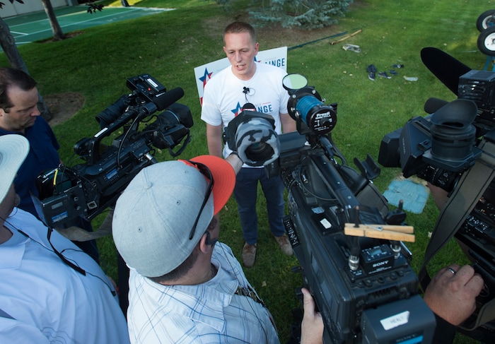 (Rick Egan  |  The Salt Lake Tribune) Tanner Ainge, candidate for congress in Utah’s third district, talks to the media, at a fundraiser in Provo, Monday, August 7, 2017.