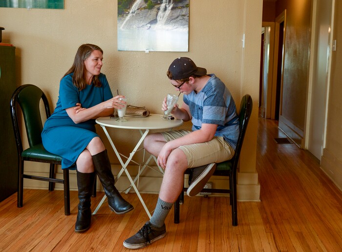 (Leah Hogsten  |  The Salt Lake Tribune)  l-r Annalen Meredith and her son Nate Meredith sip milkshakes at Auntie Rae's Dessert Island in Holladay. The shop specializes in pies, cookies and cakes and also serves high tea with finger sandwiches.