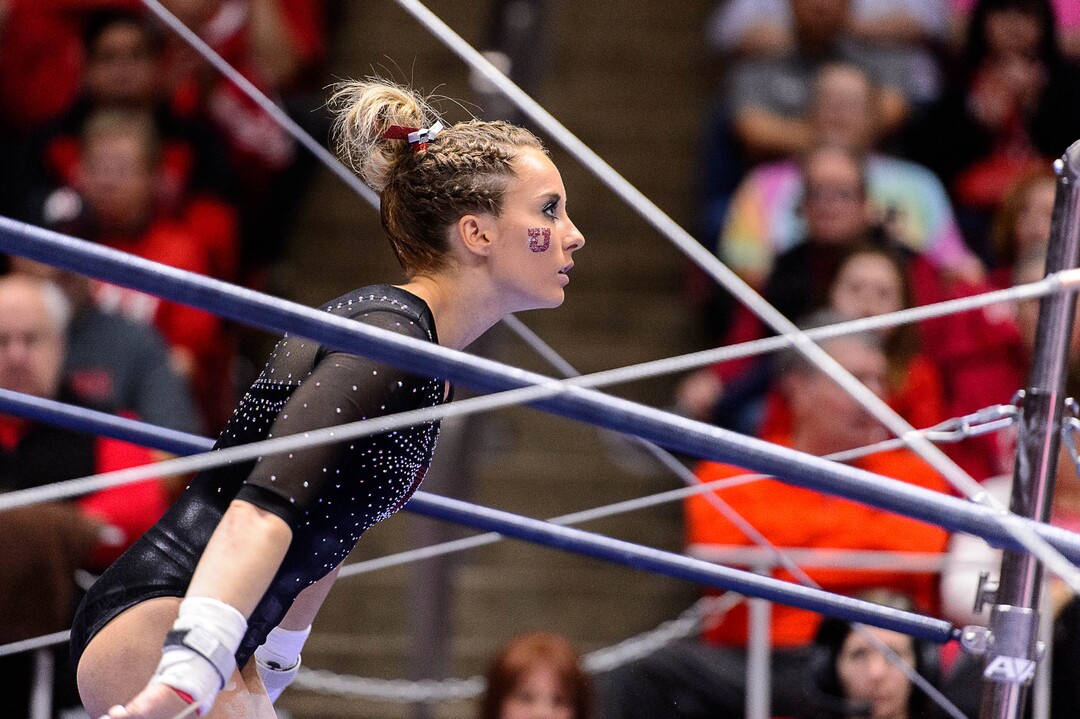Trent Nelson  |  The Salt Lake TribuneUtah's MyKayla Skinner on the bars as the University of Utah hosts Cal, NCAA Gymnastics at the Huntsman Center, Saturday February 4, 2017.