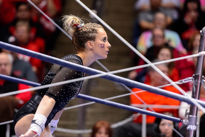 Trent Nelson  |  The Salt Lake Tribune
Utah's MyKayla Skinner on the bars as the University of Utah hosts Cal, NCAA Gymnastics at the Huntsman Center, Saturday February 4, 2017.