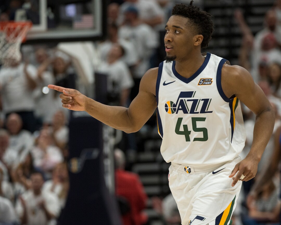 (Rick Egan  |  The Salt Lake Tribune) Utah Jazz guard Donovan Mitchell (45) heads down court, after putting the Jazz up by 20 with a 3-point-shot, in game 4, NBA playoff action between Utah Jazz and Oklahoma City Thunder, in Salt Lake City, Monday April 23, 2018.