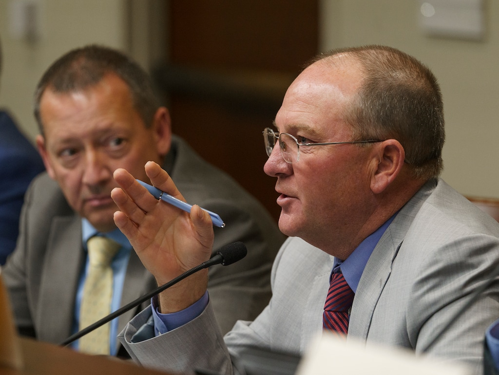 (Leah Hogsten | The Salt Lake Tribune) Rep. Paul Ray, R-Clearfield, left and redistricting committee chairman Sen. Scott Sandall, R-Tremonton, right, in the House Building, Room 30, Nov. 8, 2021. Members of the public were against the newly drawn redistricting maps on Monday, the only public hearing for the map proposals.