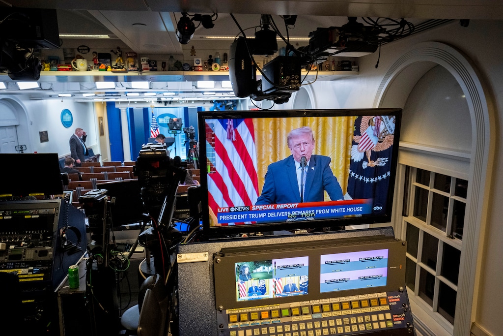 (Doug Mills | The New York Times) Video monitors in the White House briefing room in Washington carry a live feed of President Donald Trump as he addresses the nation on Thursday, July, 16, 2026. President Trump made at times outlandish claims about the safety of American voting systems in a White House address on Thursday night, drawing selectively from documents his aides published online to falsely claim elections were "rigged" and "stolen."