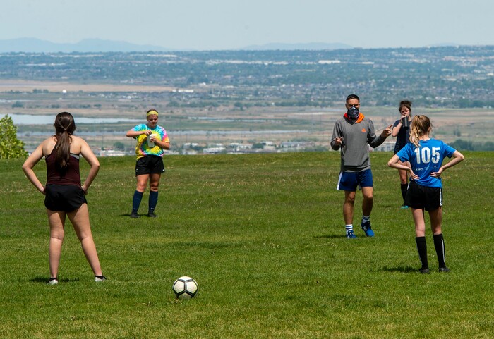(Rick Egan  |  The Salt Lake Tribune)       Sasa Vidic coaches a Surf soccer club  practice in Bountiful, Saturday, May 16, 2020.