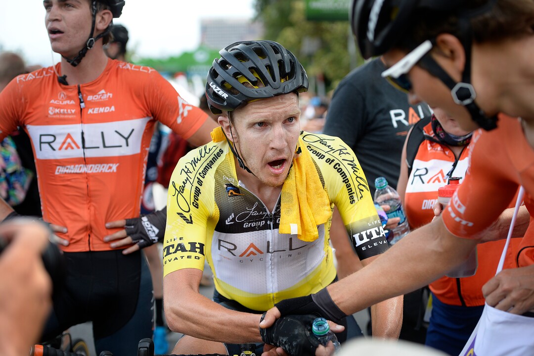(Scott Sommerdorf   |  The Salt Lake Tribune)   Tour of Utah winner Robert Britton gets congratulations from RALLY teammates after winning the 2017 Tour of Utah, Sunday, August 6, 2017.