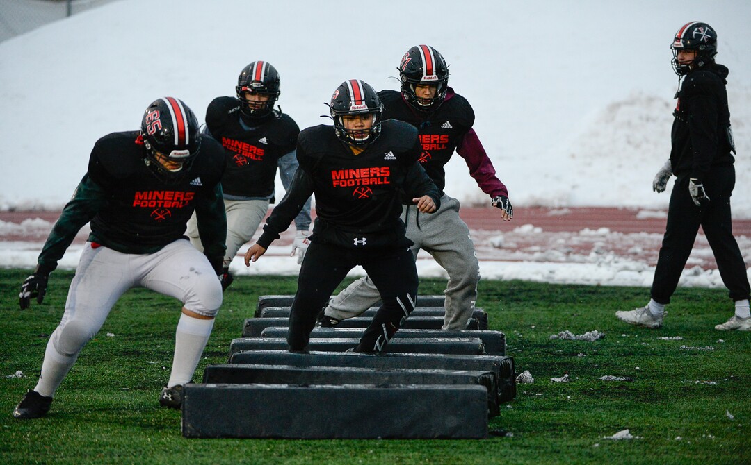 (Francisco Kjolseth  |  The Salt Lake Tribune)  The Park City Miners prepare for their upcoming 4A Championship game on Wednesday, Nov. 20, 2019, in Park City before facing Sky View in the 4A state title game Friday. If they win, it would be the first football title for the school. They have played in five championship games before this year, with the last one taking place in 2001.