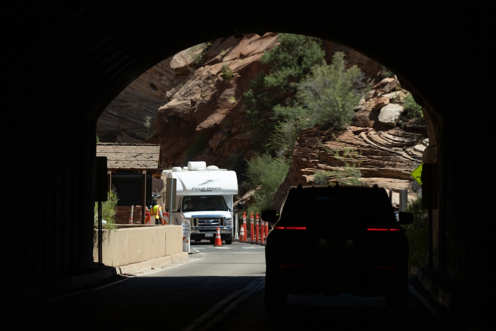 (Rick Egan | The Salt Lake Tribune) Motorists wait for their turn to drive through the Zion-Mount Carmel Tunnel at Zion National Park, on Tuesday, August 12, 2025.