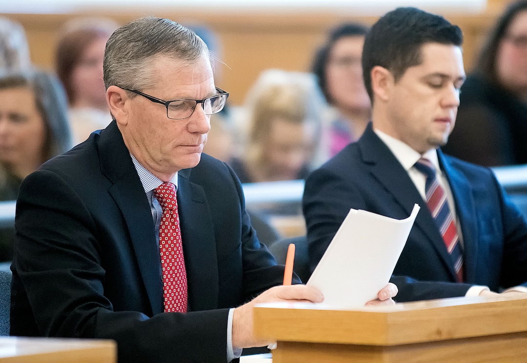 (Eli Lucero  |  Herald Journal, pool) Prosecuting attorneys James Swink, left, and Spencer Walsh looks over paper work during Colter Peterson's sentencing for attempted aggravated murder and robbery, Thursday, Feb. 1, 2018, in Logan, Utah. Peterson received a sentence of 15 years to life for shooting Deserae Turner in February 2017, and leaving her for dead in a dry irrigation canal in Smithfield, Utah.