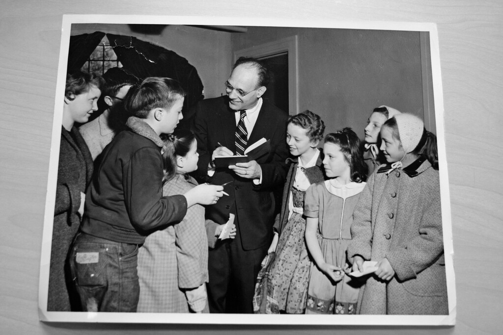 Courtesy | Utah Symphony
Maurice Abravanel, who brought the Utah Symphony to national prominence during his 32 years as music director, greets school children in this undated photo.