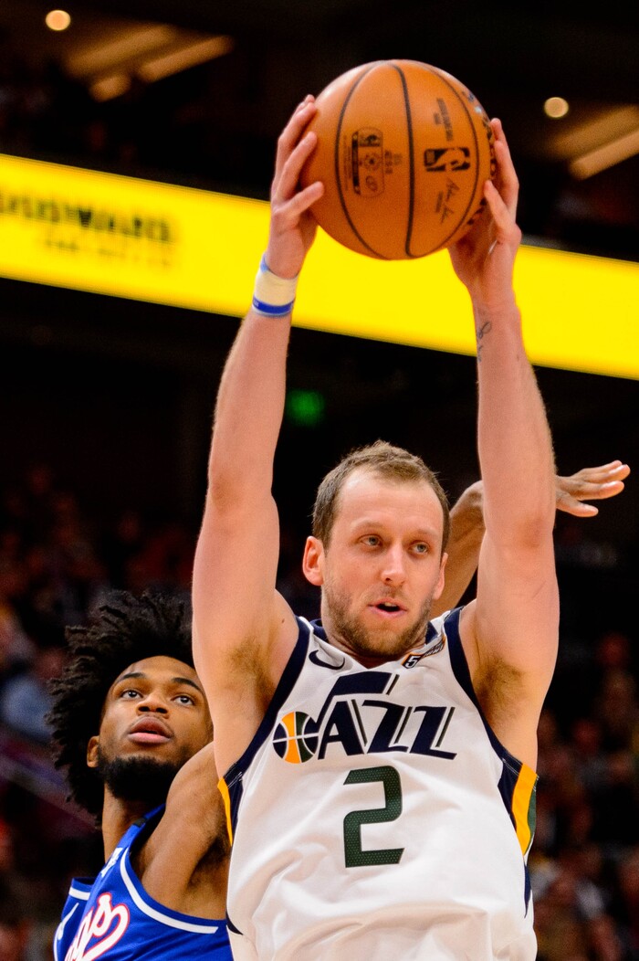(Trent Nelson  |  The Salt Lake Tribune) Utah Jazz forward Joe Ingles (2) rebounds, in front of Sacramento Kings forward Marvin Bagley III (35) as the Utah Jazz host the Sacramento Kings, NBA basketball in Salt Lake City on Saturday, Jan. 18, 2020.