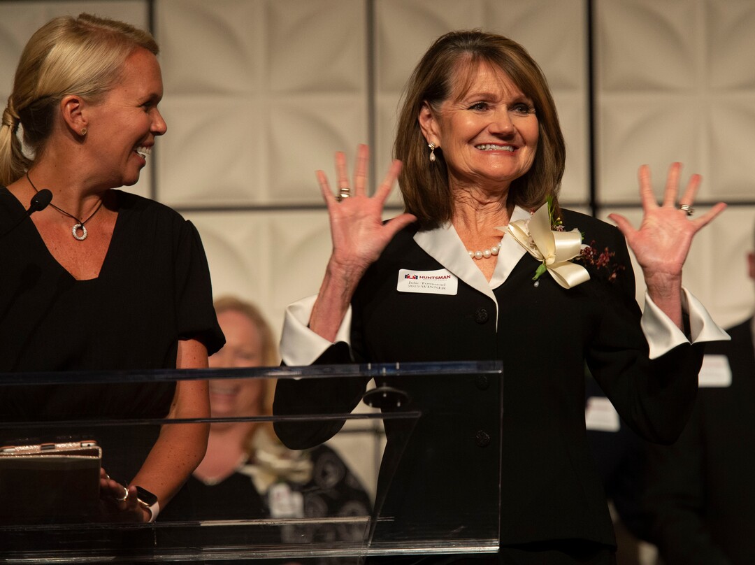(Rick Egan  |  The Salt Lake Tribune) Education Award winner, Julie Webb Townsend, High School Teacher at Roy High, receives her awards from Jennifer Huntsman Parkin, at the Huntsman Awards for Excellence in Education at the Grand America, Friday,  April 26, 2019.