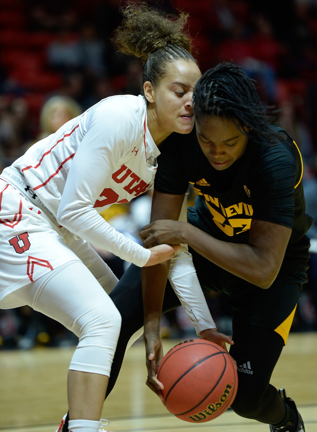 (Francisco Kjolseth  |  The Salt Lake Tribune)  Utah Utes guard/forward Daneesha Provo (23) battles Arizona State Sun Devils center Charnea Johnson-Chapman (33) in Utes' Pac-12 home opener at the Jon M Huntsman Center on Friday, Jan. 4, 2019. They're off to one of their best starts in team history.