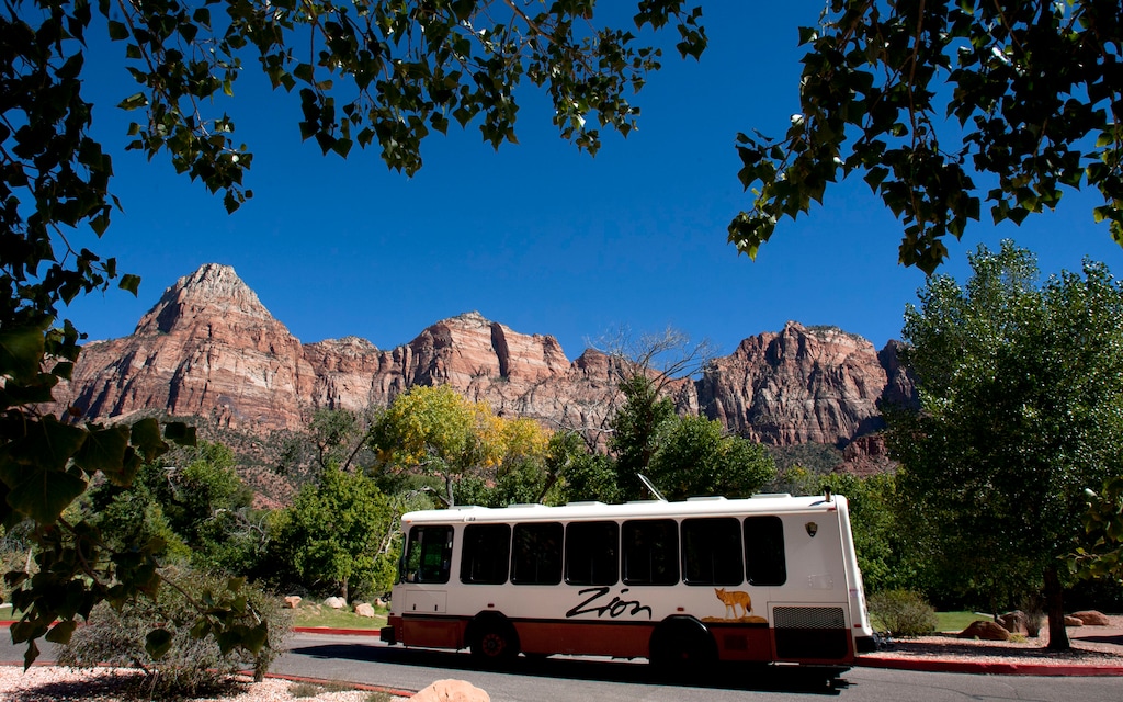 Steve Griffin  |  The Salt Lake TribuneA shuttle bus leaves the Zion Canyon Village just outside  Zion National Park near Springdale, Utah Monday, September 30, 2013. A looming federal government shutdown could close all National Parks.