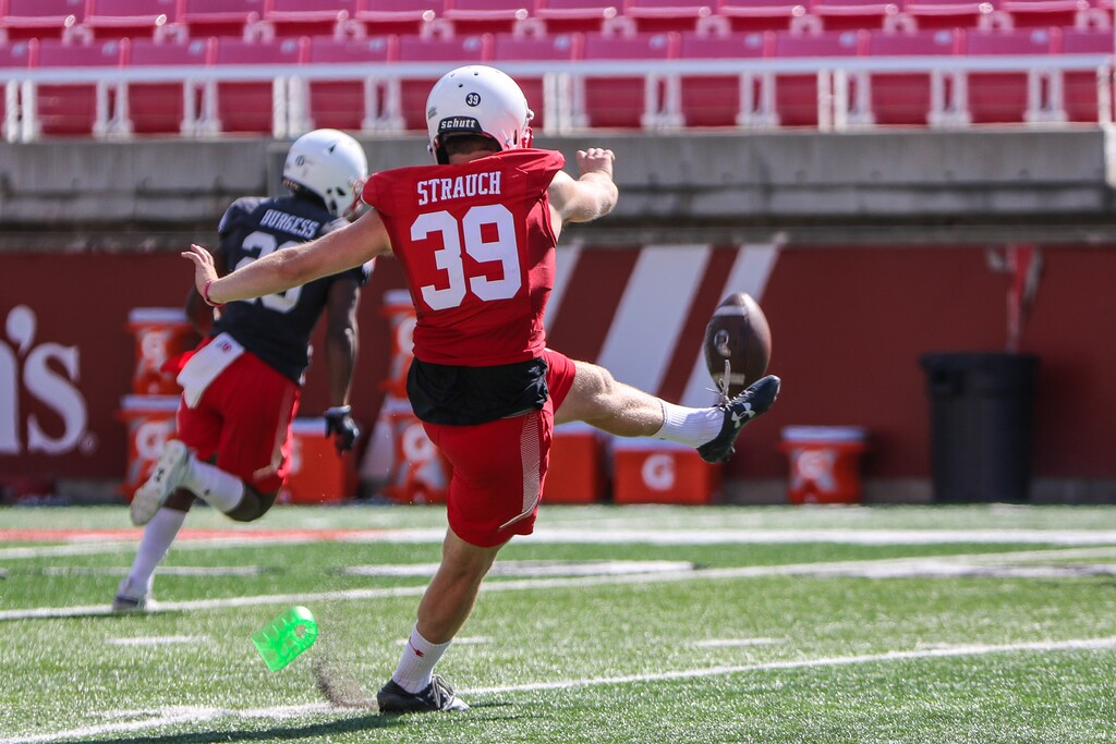 (photo courtesy ofUtah Athletics) Andrew Strauch, shown kicking off during Friday's practice, was named Utah's No. 1 kicker by coach Kyle Whittingham.