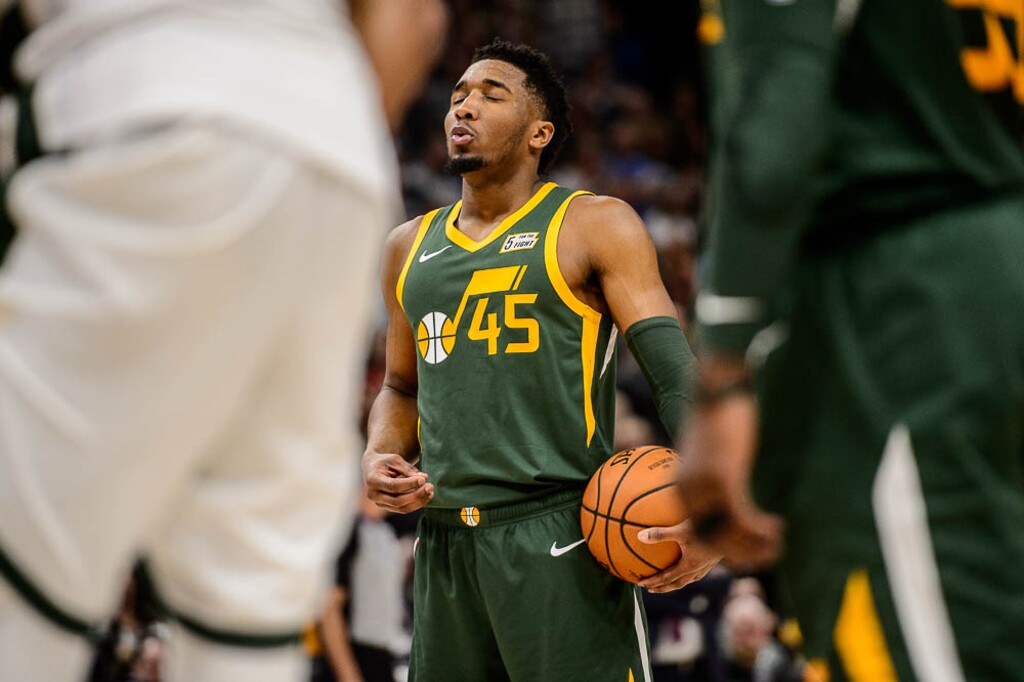 (Trent Nelson | The Salt Lake Tribune)  Utah Jazz guard Donovan Mitchell (45) prepares to shoot a free throw in the final minute of the game as the Utah Jazz host the Milwaukee Bucks, NBA basketball in Salt Lake City on Saturday March 2, 2019.