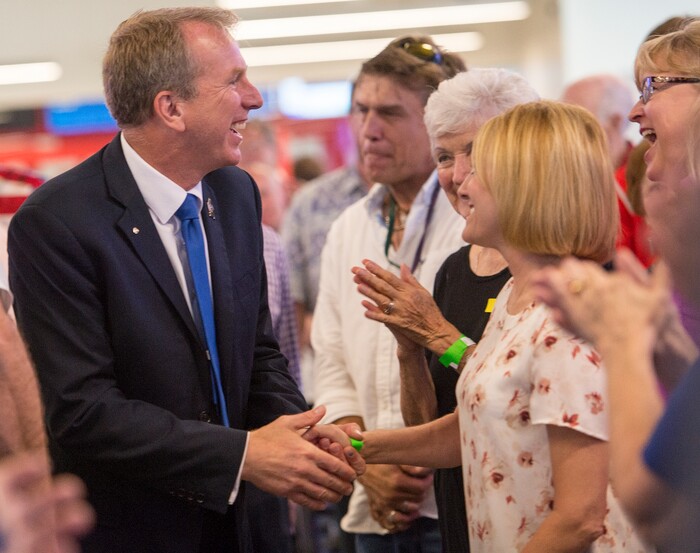 Leah Hogsten | The Salt Lake Tribune
Utah's 3rd District primary candidate, former state Rep. Chris Herrod greets attendees at his election rally after a stump speech from Republican Sen. Ted Cruz of Texas, June 29, 2017 at Entrata in Lehi.