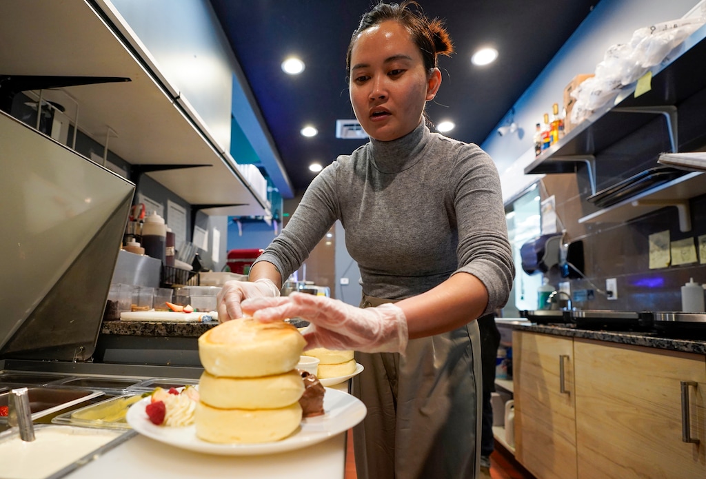 (Chris Samuels | The Salt Lake Tribune) Irie Cao makes Japanese fluffy pancakes at Kumo Cafe in South Salt Lake, Wednesday, April 10, 2024.