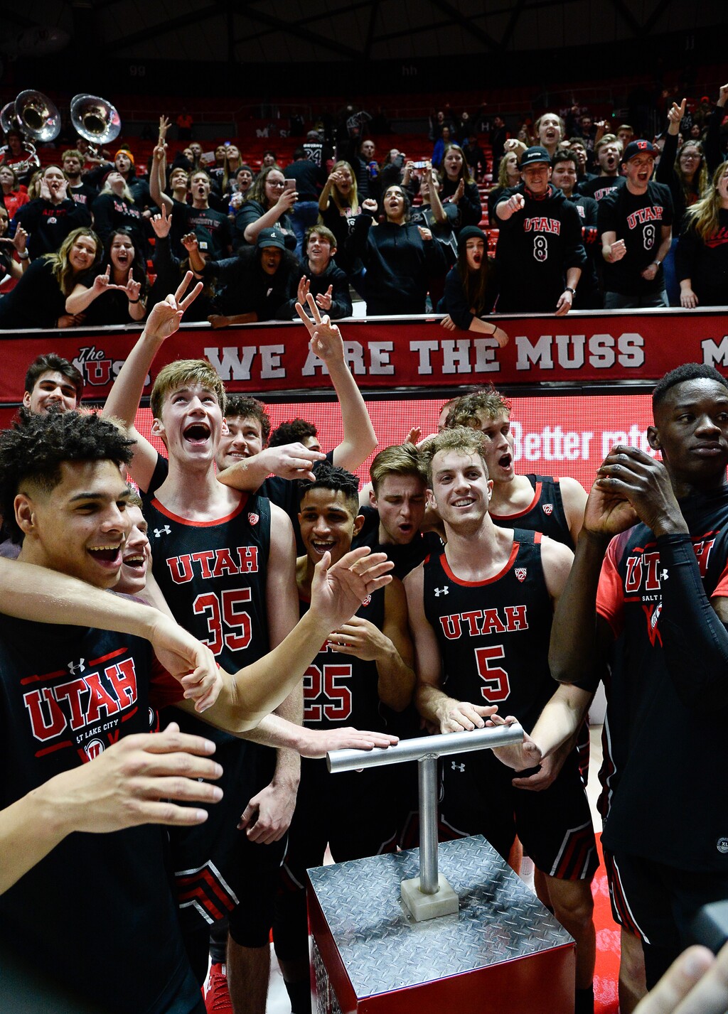 (Francisco Kjolseth | The Salt Lake Tribune) Utah celebrates their overtime win over Stanford 64-56 as they light up the U in NCAA menÕs basketball, Thursday, Feb. 6, 2020, at the Jon M. Huntsman Center in Salt Lake City.