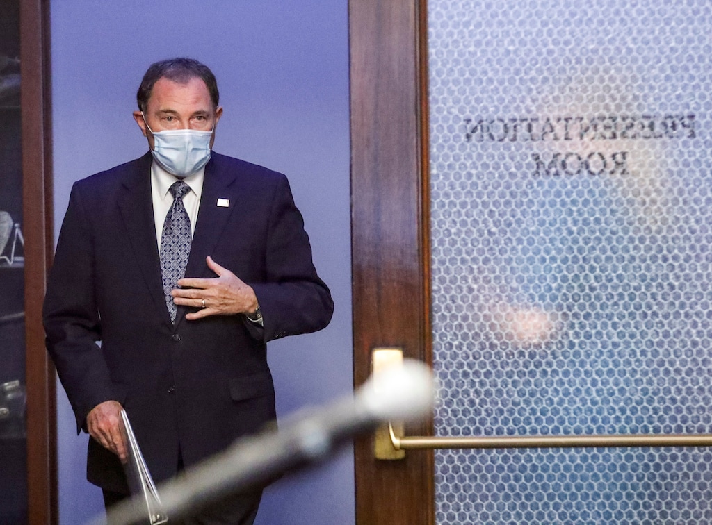 (Steve Griffin | Deseret News via pool)  Utah Gov. Gary Herbert wears a mask as he waits in the hallway before the start of the daily briefing on the state's efforts to fight COVID-19 Wednesday, June 24, 2020, in Salt Lake City.