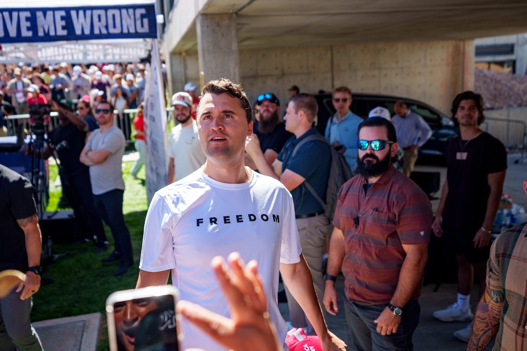 (Trent Nelson  |  The Salt Lake Tribune) Charlie Kirk appears at Utah Valley University in Orem on Wednesday, Sept. 10, 2025. Kirk was shot minutes later.