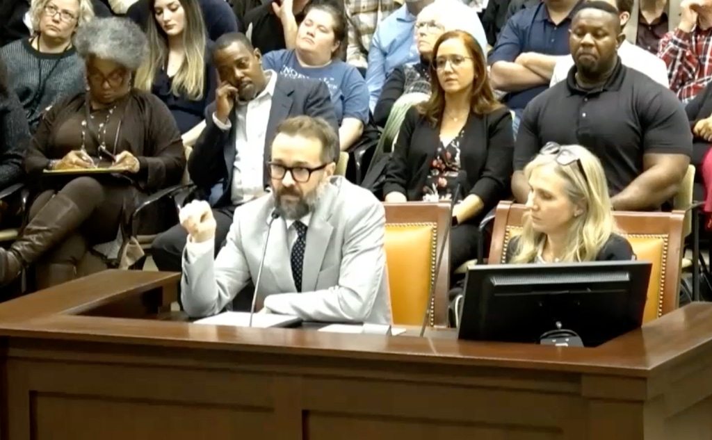 (Utah Legislature video) Geoff Landward, the interim commissioner for higher education in Utah, testifies during a Senate Education Committee hearing for HB261 at the Capitol, Monday,. Jan. 22, 2024. At right is the bill's sponsor, Rep. Katy Hall, R-South Ogden.