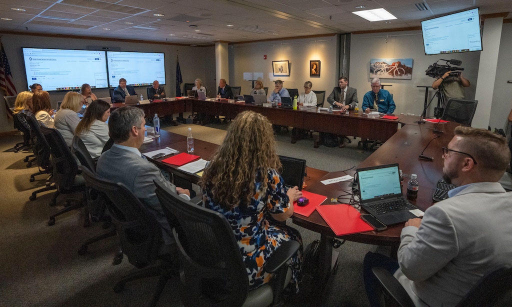 (Rick Egan | The Salt Lake Tribune)  The Utah State Board of Education listens to comments during a public hearing on Thursday, July 22, 2021. The board on Friday declined to pass a resolution on masking in schools.