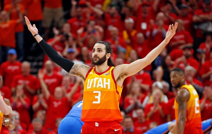 Utah Jazz guard Ricky Rubio (3) reacts after being fouled as he shot a three-point basket against the Oklahoma City Thunder in the first half during Game 3 of an NBA basketball first-round playoff series Saturday, April 21, 2018, in Salt Lake City. (AP Photo/Rick Bowmer)