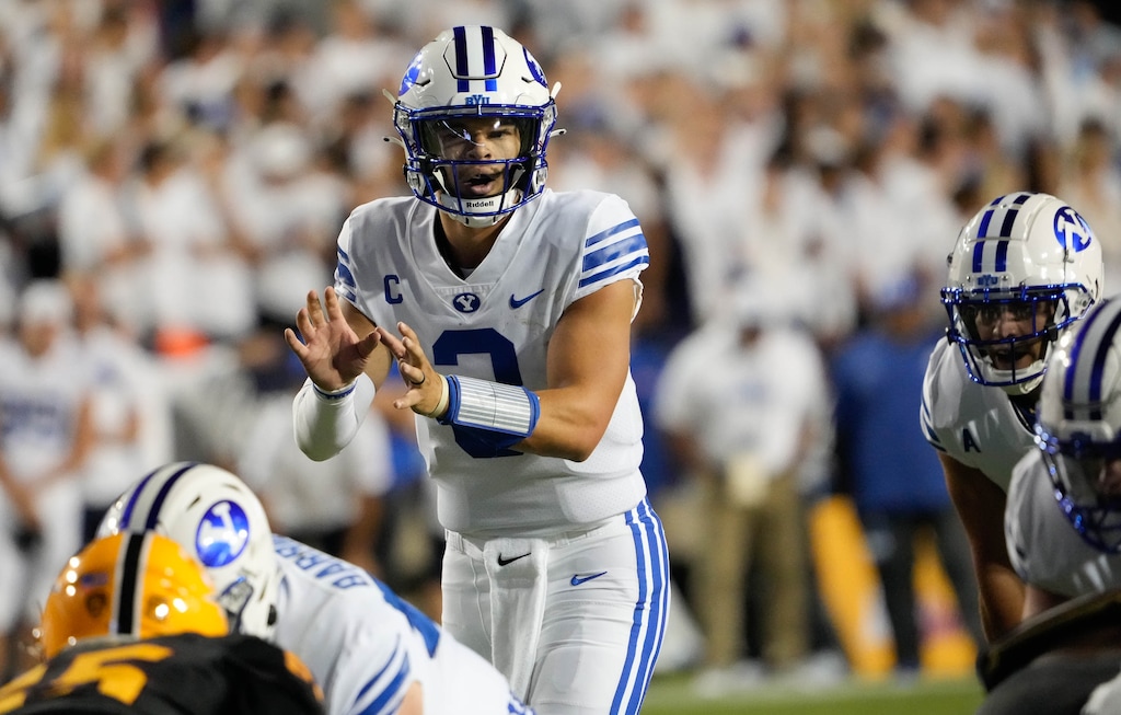 (Francisco Kjolseth | The Salt Lake Tribune) Brigham Young Cougars quarterback Jaren Hall (3) starts a play in football action between the Brigham Young Cougars and the Arizona State Sun Devils at LaVell Edwards Stadium in Provo, on Saturday, Sept. 18, 2021.