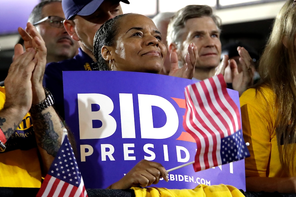 People applaud as former Vice President and Democratic presidential candidate Joe Biden speaks during a rally at the Teamster Local 249 Hall in Pittsburgh, Monday, April 29, 2019. (AP Photo/Gene J. Puskar)