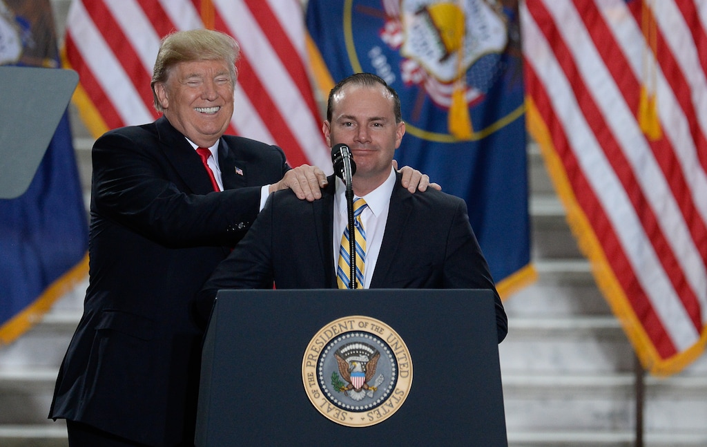 (Francisco Kjolseth  |  The Salt Lake Tribune)  U.S. President Donald Trump is joined by Sen. Mike Lee at the Utah Capitol on Monday, Dec. 4, 2017, prior to signing a presidential proclamation to shrink Bears Ears and Grand Staircase-Escalante national monuments.