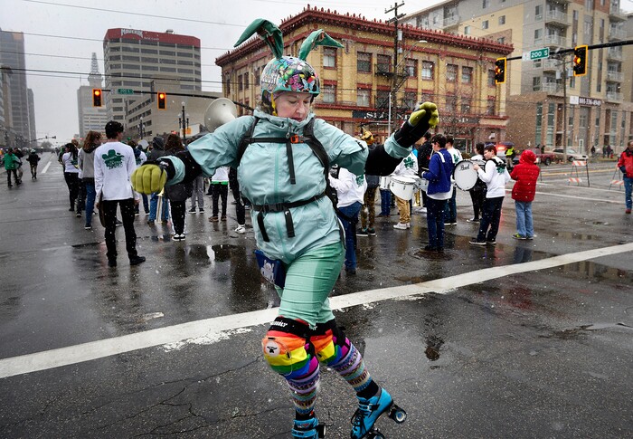 (Scott Sommerdorf | The Salt Lake Tribune) Skaters dance during the 40th annual Salt Lake City St. Patrick's Day Parade on Saturday, March 17, 2018.