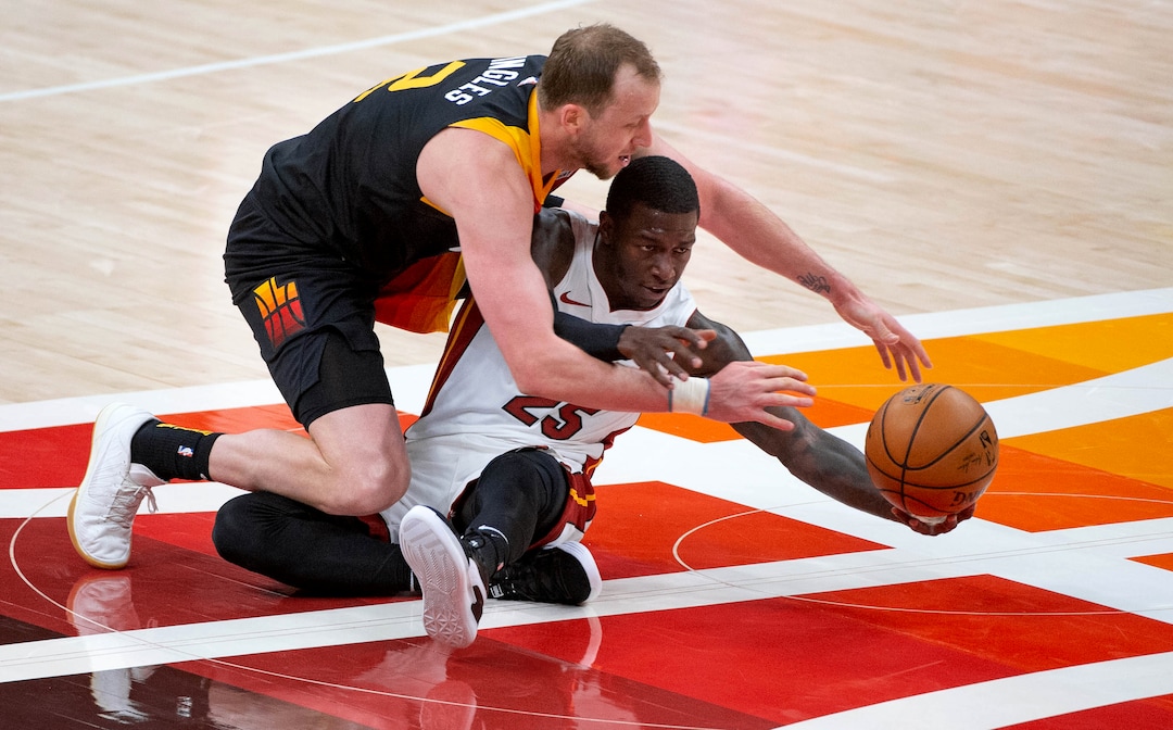 (Francisco Kjolseth  | The Salt Lake Tribune) Utah Jazz forward Joe Ingles (2) tries to take the ball from Miami Heat guard Kendrick Nunn (25) as the Utah Jazz take on the Miami Heat at Vivint Smart Home Arena in Salt Lake City, on Saturday, Feb. 13, 2021.