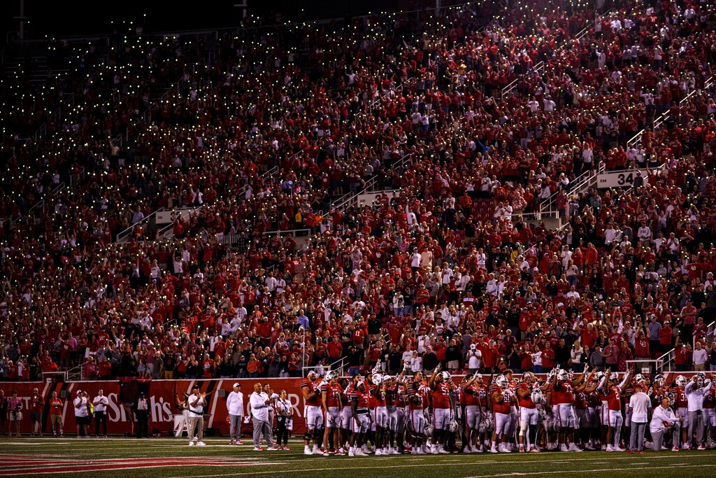 (Trent Nelson  |  The Salt Lake Tribune) Moment of Loudness as the Utah Utes host the Southern Utah Thunderbirds, NCAA football in Salt Lake City on Thursday, Aug. 29, 2024.