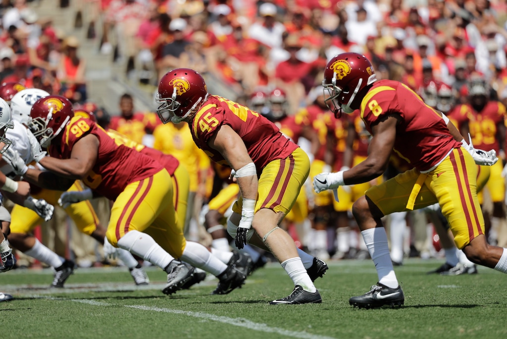 Southern California defensive end Porter Gustin (45) reacts to the snap during the second half of an NCAA college football game against Utah State Saturday, Sept. 10, 2016, in Los Angeles. USC won 45-7. (AP Photo/Jae C. Hong)