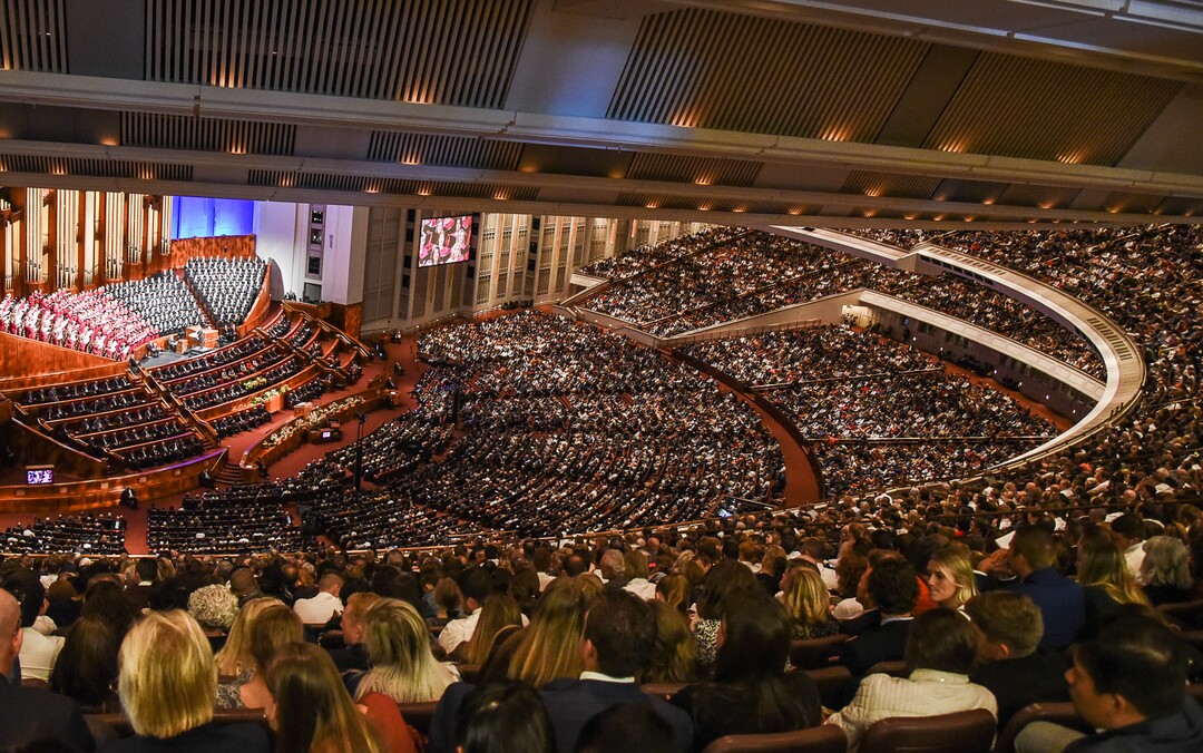 (Francisco Kjolseth  |  The Salt Lake Tribune)  People listen during the Sunday morning session of the 189th twice-annual General Conference of The Church of Jesus Christ of Latter-day Saints at the Conference Center in Salt Lake City on Sunday, Oct. 6, 2019.