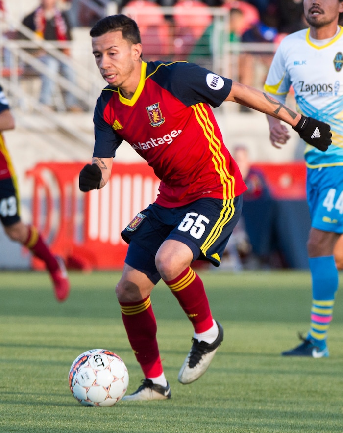 (Rick Egan  |  The Salt Lake Tribune)     Real Monarchs midfielder Sebastián Velásquez (55), in soccer action between the Real Monarchs and Las Vegas Lights FC at the new Zions Bank Stadium in, Herriman, Monday, April 30, 2018.


