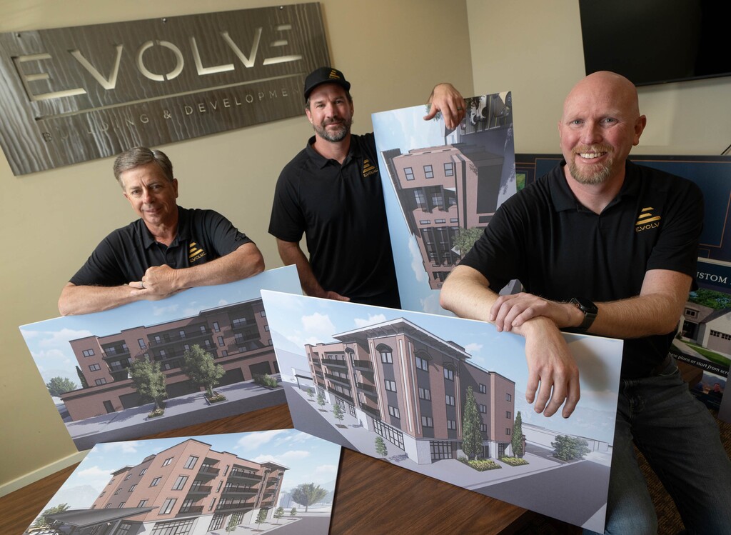 (Francisco Kjolseth | The Salt Lake Tribune) Wesley Zufelt, right, owner and realtor of Evolve Real Estate & Management in Springville is joined by his partners Joe Wilkins, left, and Collin Brinkerhoff as they pose for a portrait with a new project about to break ground in Vernal called Jurassic/Raptor Heights, Wednesday, March 26, 2025.