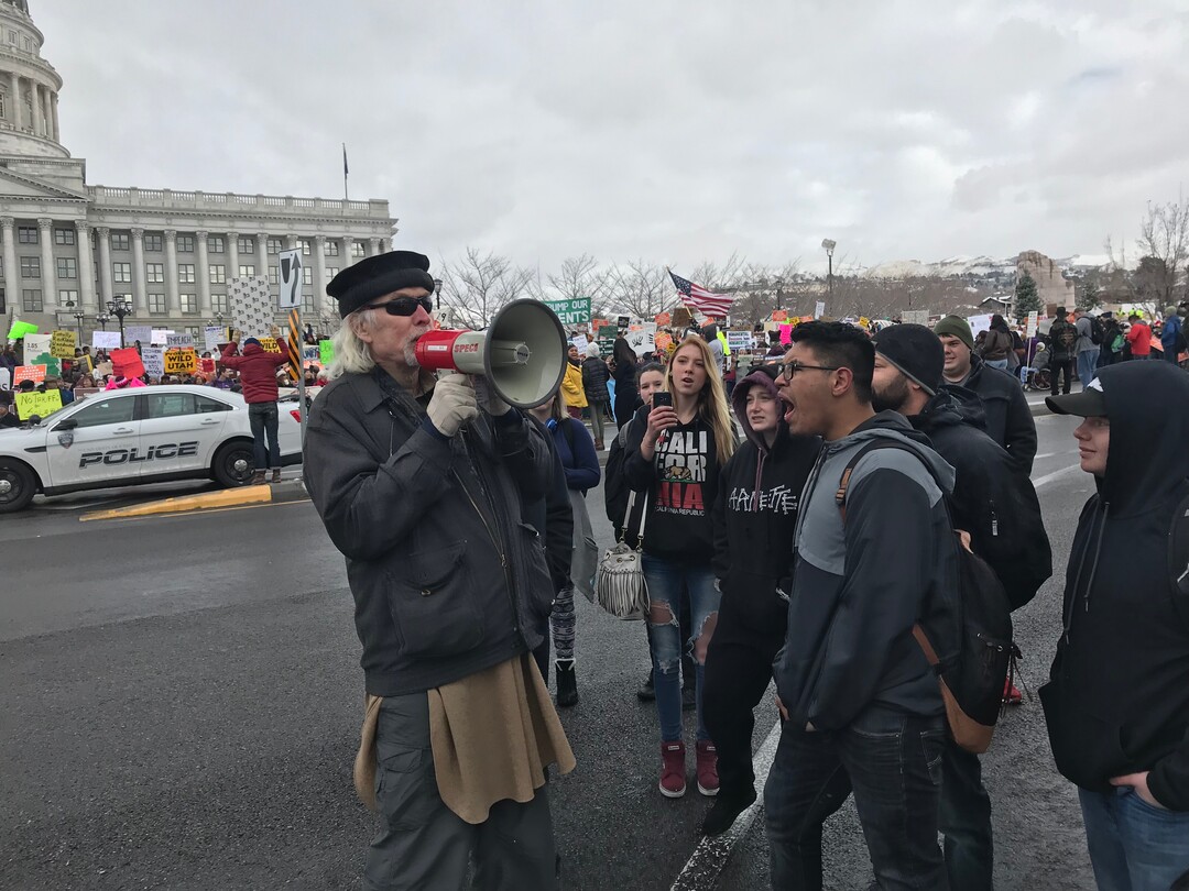 (Rachel Molenda  |  The Salt Lake Tribune) Protesters try to down out a supporter of President Donald Trump with a bullhorn outside the Utah State Capitol on Monday, Nov. 4, 2017. Trump is in Salt Lake City to sign an executive order to shrink Bears Ears and Grand Staircase-Escalante national monuments.
