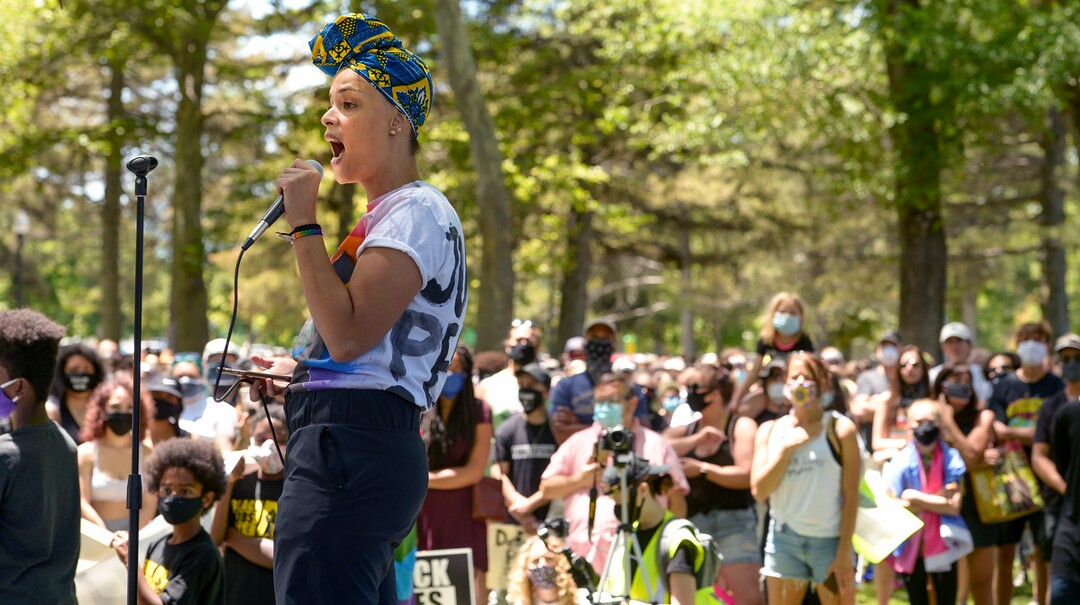 (Leah Hogsten  |  The Salt Lake Tribune) Rachel Alder addresses over 1,000 Pride for Black Lives Matter supporters at Liberty Park, Sunday, June 14, 2020. Pride for Black Lives Matter rallied for over three hours before marching throughout Salt Lake City to join the Las Vidas Negras Importan Rally at Washington Square.